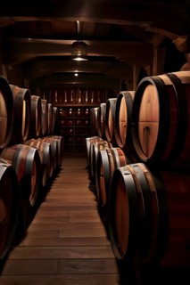 AI generated rustic wine cellar filled with wooden oak barrels