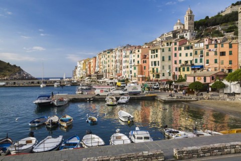 Harbour and colourful apartment building facades at Portovenere, La Spezia province, Italy, Europe