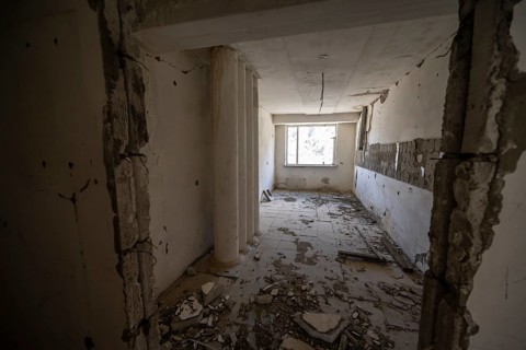 Abandoned ruined room with fallen tiles, ghost town, Engilchek, Tian Shan, Kyrgyzstan, Asia