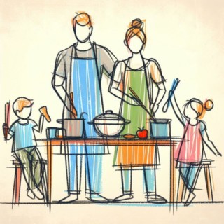 A lively sketch of a family engaged in cooking a meal together in a homely kitchen, AI generated