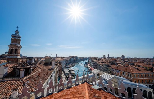 View from the roof of the Fondaco dei Tedeschi, boats on the Grand Canal, Sun Star, Venice, Veneto,