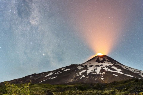 Starry sky over the Villarrica volcano, Villarrica Volcano, Villarrica National Park, Araucania,
