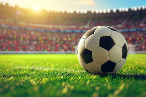 A soccer ball on a green field in soccer football stadium in evening on sunset with floodlights