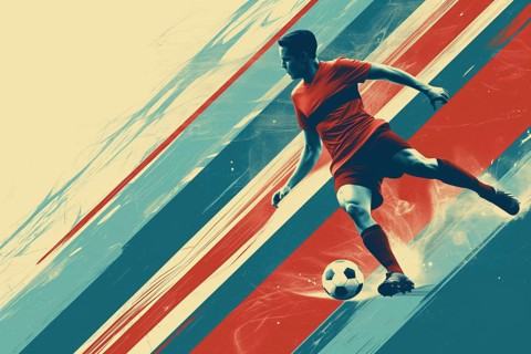 A soccer player dribbles and kicks a soccer ball. Abstract vintage grungy poster style with muted