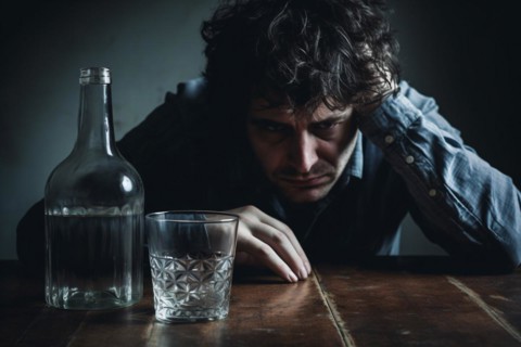 Frustrated hangover man with alcohol bottle and glass. KI generiert, generiert, AI generated