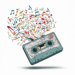 Colorful abstract musical notes flowing from a cassette tape on a light background, AI generated