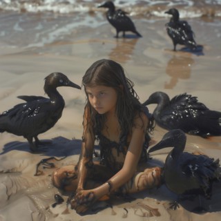 A worried girl surrounded by oil-smeared Pelicans on the beach shows empathy, AI generated