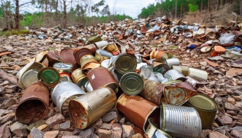 Symbol photo, many empty tin cans, partly crushed, rusty, dirty, lying in the landscape, AI