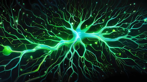 Ai generated conceptual illustration of a neuronal network with interconnected nodes pulsating in