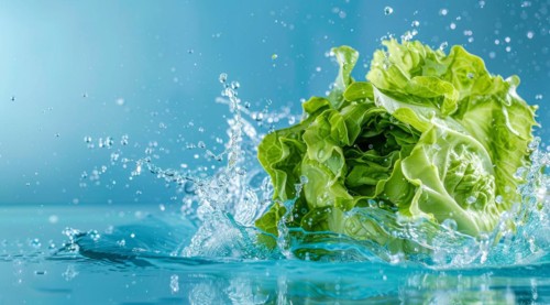 Fresh bunch of romaine lettuce floating in water. A concept of vegetarian lifestyle and vegetarian