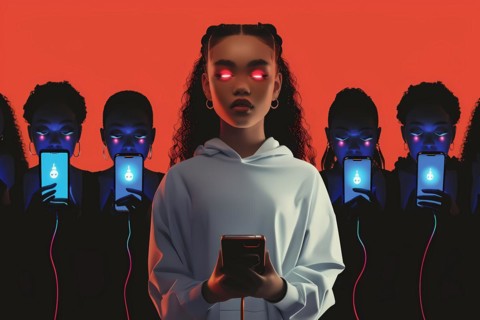 Artistic portrayal of a young woman with glowing phones, symbolizing social media's impact, 3D,