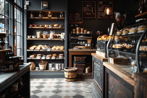 Rustic bakery with bread shelves and wooden baskets, AI generated