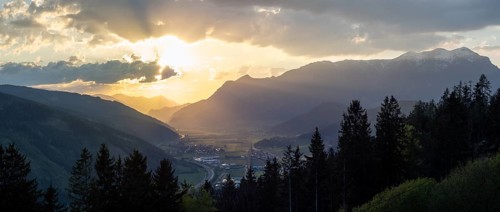 Sunset over the Liesingtal, in the evening light the village Kraubath, Schoberpass federal road,