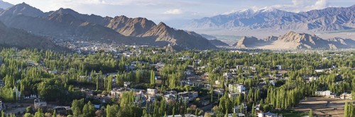 Panorama over Leh and the Indus Valley to the Indian Himalayas, Ladakh, Jammu and Kashmir, India,