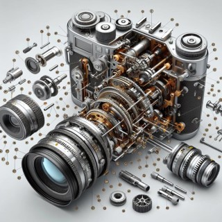 Highly detailed concept illustration showing a vintage camera disassembled with all parts floating