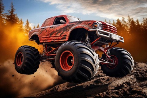 Monster truck driving and jumping outdoors amidst a cloud of dust. Thrill and adrenaline of an