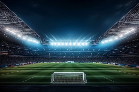 A soccer field with a large crowd of people spectators fans watching the game in evening. The