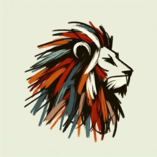 Artistic, abstract brushstroke lion profile in red, blue, and white, AI generated