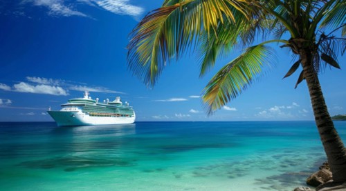 A large cruise ship docked near popular vacation resort. The scene is serene and relaxing, with the