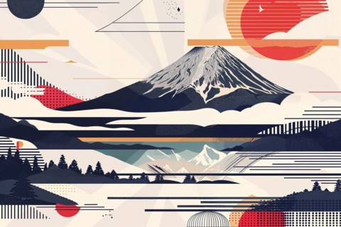 A tranquil panorama with the imposing Mount Fuji on the horizon, framed by geometric motifs and