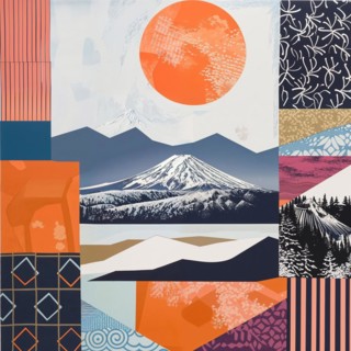 Patchwork-like composition with geometric shapes of Mount Fuji at sunrise, Japan, AI generated, AI