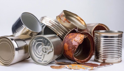Symbol photo, many empty tin cans, partly crushed, rusty, dirty, on a white background, AI