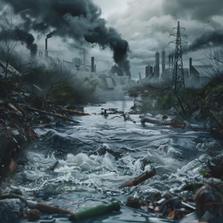 River abandoned by humans with debris and smoke in the background, pollution, environmental