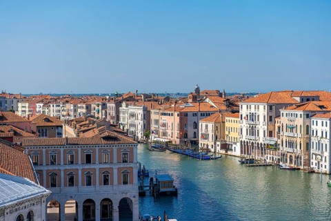 View from the roof of the Fondaco dei Tedeschi, boats on the Grand Canal, Venice, Veneto, Italy,