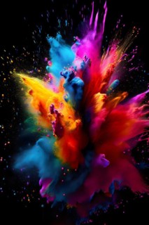 Rainbow-colored holi powder explosively dispersing against a black background, AI generated
