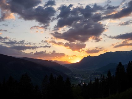 Sunset over the Liesingtal, in the evening light the village of Traboch, Schoberpass federal road,