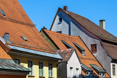 Pointed gables and dormers in Pfarrgasse, Kaufbeuern, Allgaeu, Swabia, Bavaria, Germany, Europe