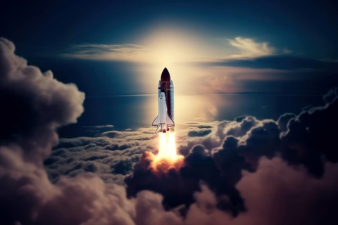 Aerial view of a rocket shuttle carrier launch at sunrise over an ocean coast. The rocket is
