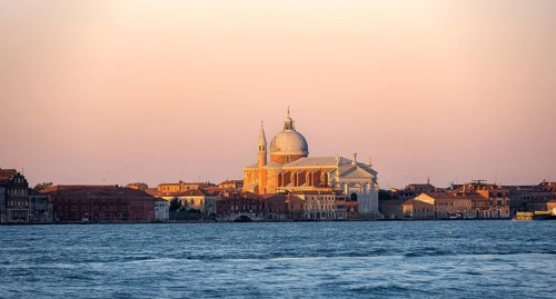 Church Chiesa del Santissimo Redentore on the island of Guidecca at sunrise, view over the Guidecca
