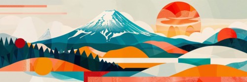 A peaceful image of the landscape with the majestic Mount Fuji in the distance, framed by geometric