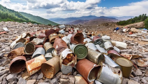 Symbol photo, many empty tin cans, partly crushed, rusty, dirty, lying in the landscape, AI