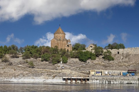 10th century Akdamar Armenian Church of the Holy Cross and pier, Akdamar Island, Turkey, Asia