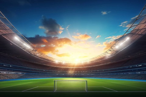 A soccer field with a large crowd of people spectators fans watching the game on sunset. The