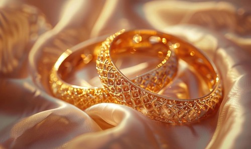 Pair of intricately designed gold bracelets arranged on a smooth satin material background AI