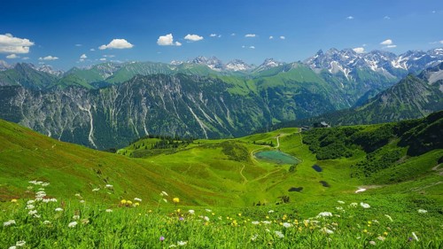 Panorama from the Fellhorn over the Schlappoldsee and mountain station Fellhornbahn to the central