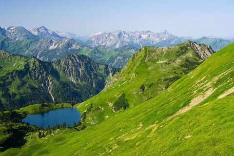 Panorama from Zeigersattel to Seealpsee, Allgaeu Alps, Allgaeu, Bavaria, Germany, Europe