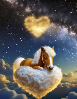 Whimsical illustration of a chestnut horse resting on a fluffy, star-studded cloud shaped like a