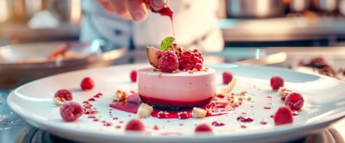 Chef is decorating a dessert with berries and other delicious additions of sweets and whipped