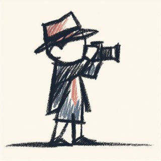 Child dressed as a detective taking pictures, sketched with playful strokes in beige and orange, AI