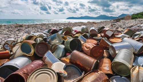 Symbol photo, many empty tin cans, partly crushed, rusty, dirty, lying on the beach, waste, AI