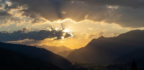 Sunset over the Liesingtal, in the evening light the village Kraubath, Schoberpass federal road,