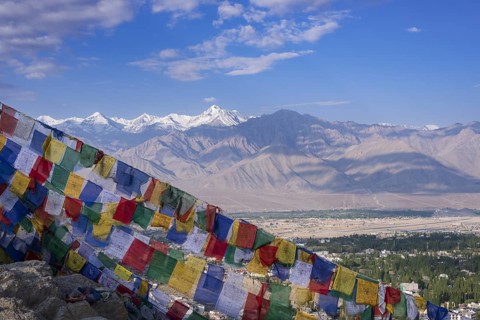 Panorama from Tsenmo hill over Leh and the Indus valley to Stok Kangri, 6153m, Ladakh, Jammu and