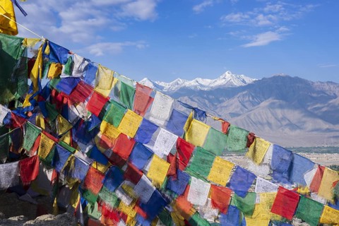 Panorama from Tsenmo hill over Leh and the Indus valley to Stok Kangri, 6153m, Ladakh, Jammu and