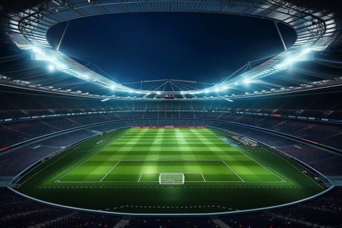 A soccer field with a large crowd of people spectators fans watching the game in evening. The