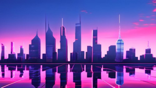 AI generated illustration of a cityscape with skyscrapers and holographic elements in blue and pink