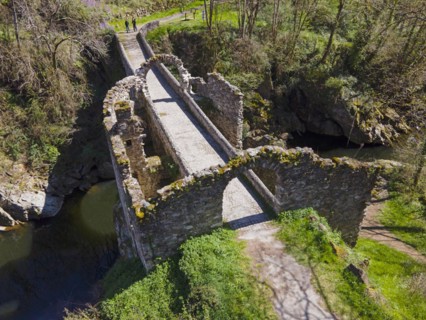 Ruins of a historic bridge with moss-covered stones over a river in a green landscape, Bridge of